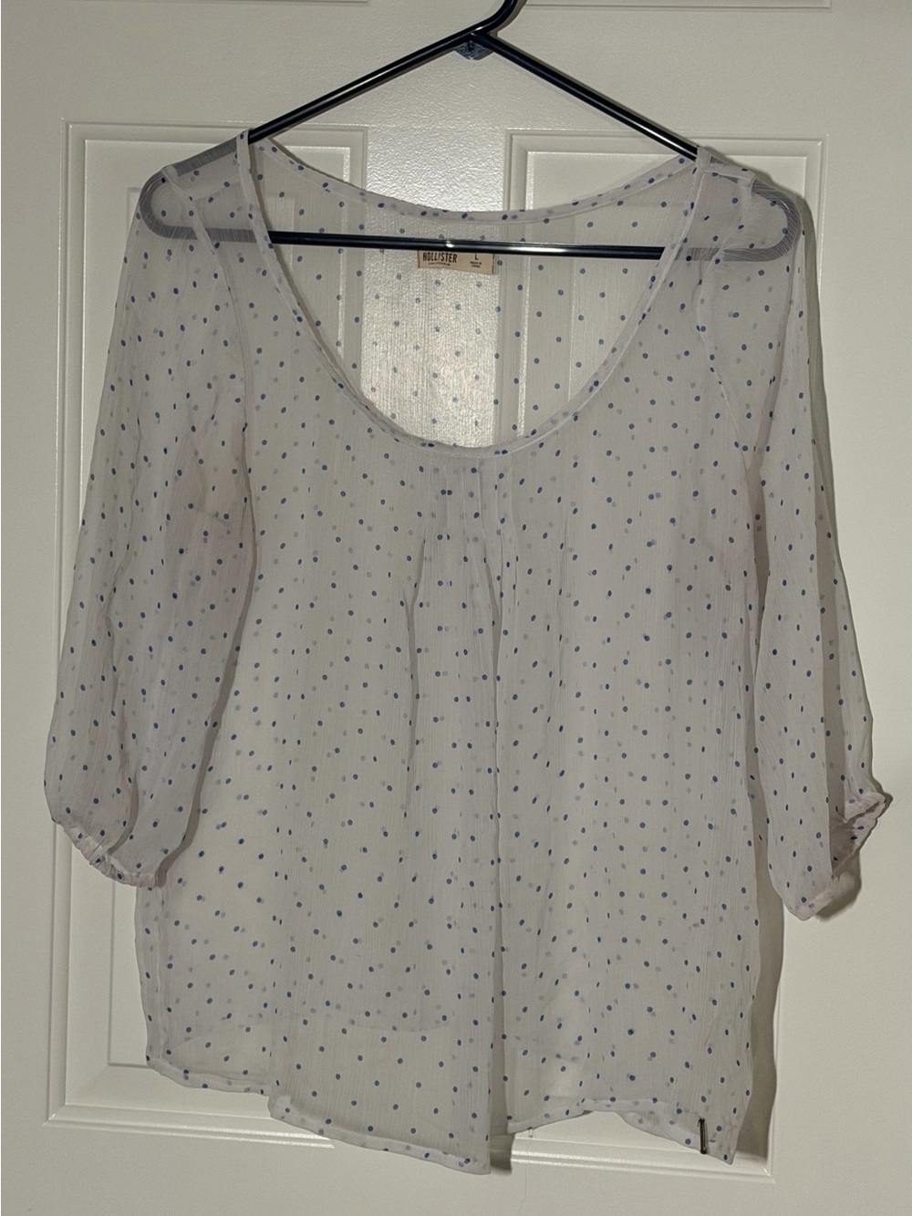 Hollister Sheer White Blouse with Light Blue Polka Dots